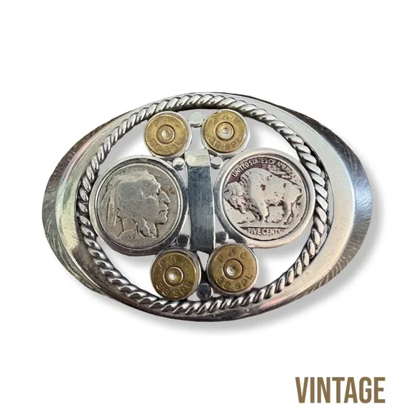Vintage custom belt buckle featuring Buffalo nickels and brass bullet casings - Picture 1 of 14